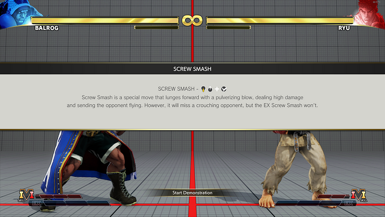The demonstrations mode of Street Fighter V. It erroneously describes how to do a down up motion for a move that doesn’t use a down up motion.