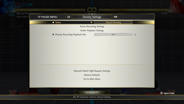 The training mode of Street Fighter V. This image depicts the menu.
