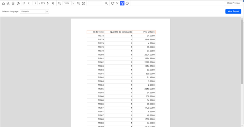 Multilingual report displaying French text.