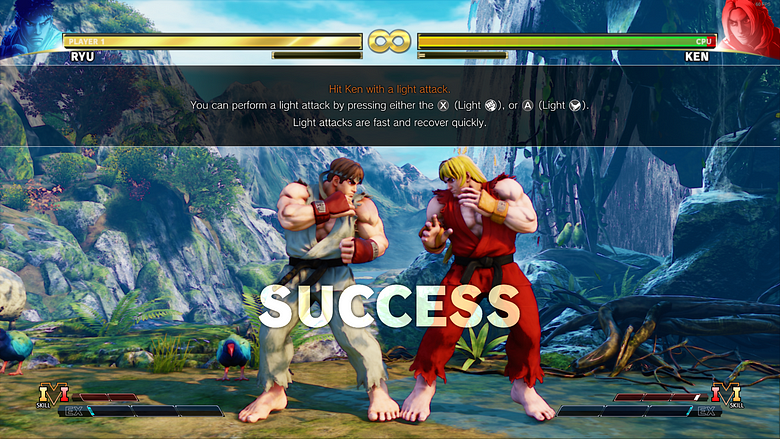 The tutorial of Street Fighter V. There is a giant text that says success as Ryu has successfully punched Ken.