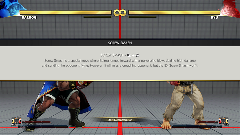 The demonstrations mode of Street Fighter V. It describes how to correctly input a dragon punch input which is the correct input for this move.