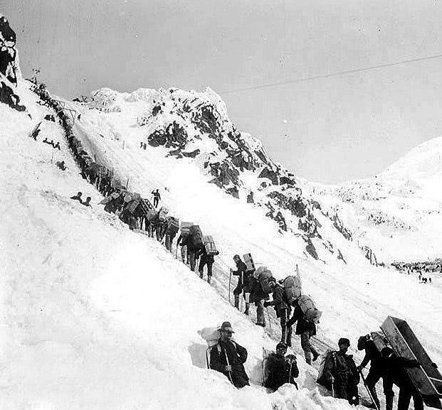 Miners heading over the White Pass on the way to the Klondike Gold Rush