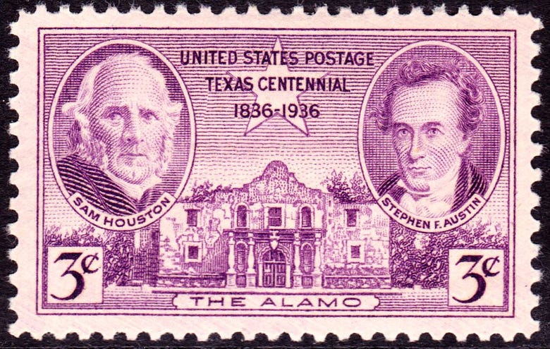 A Texas postal stamp with Stephen Austin