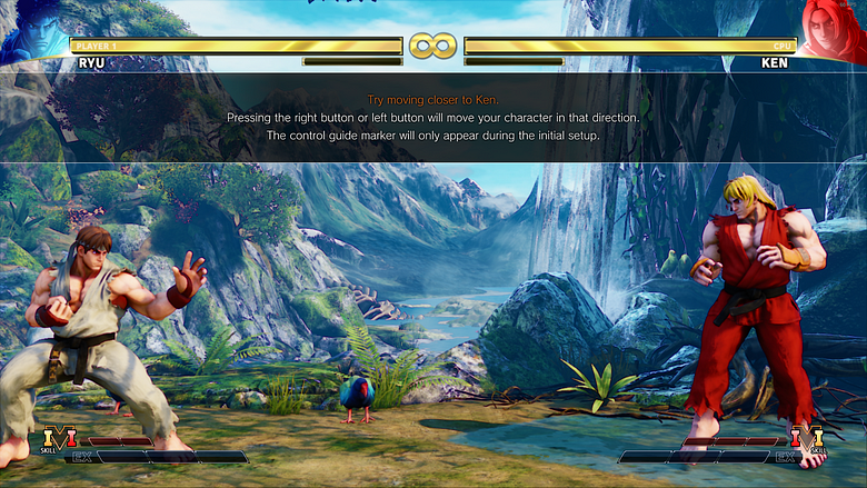 The tutorial of Street Fighter V. Ryu is facing off against Ken. The directions on the screen describe that you need to hold forward to move forward.