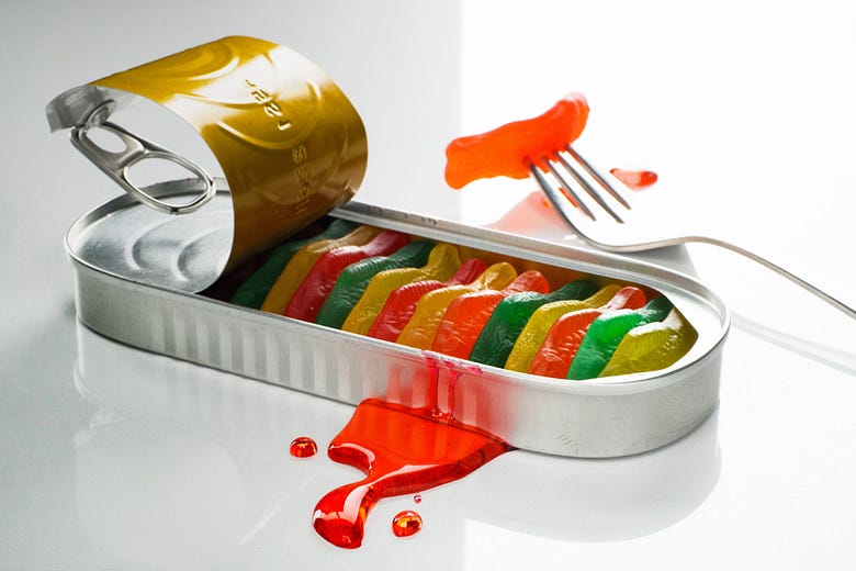 A sardine can full of gummie fish
