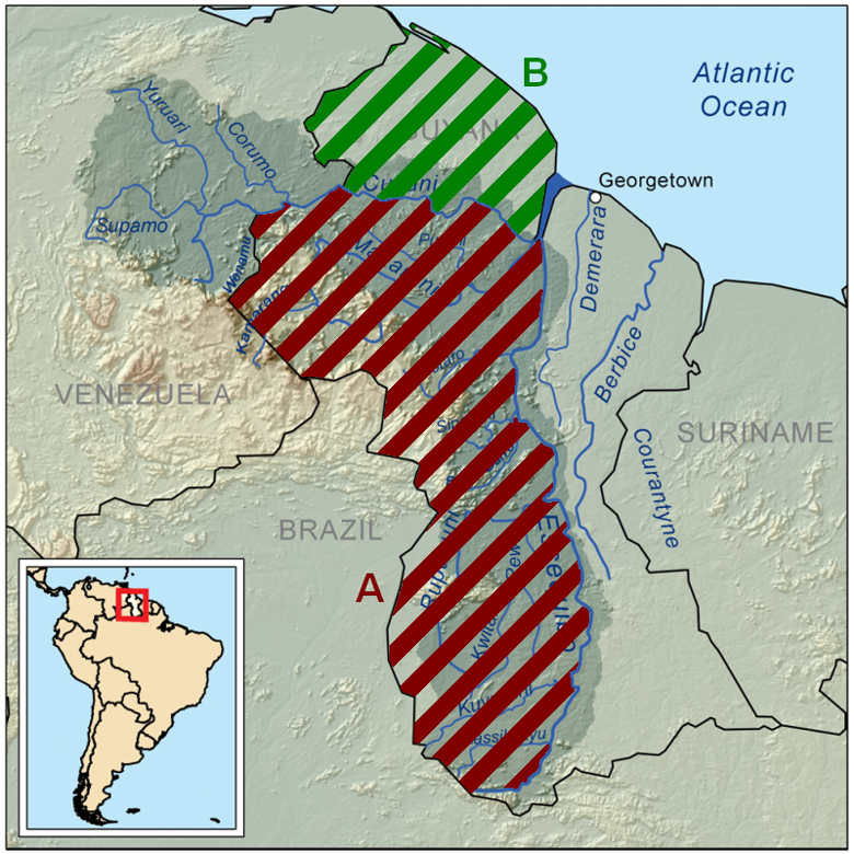 Map of Guyana Essequiba, divided into two zones: zone A comprises the Guyanese territory between the Essequibo and Cuyuni rivers; Zone B covers the Guyanese territory between the Cuyuni River and the Atlantic Ocean. Both zones constitute the area claimed by Venezuela.
