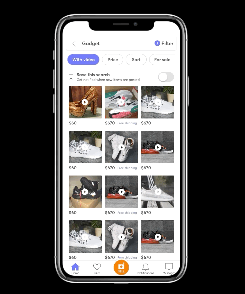 A prototype of the Mercari app search screen featuring a “with video” filter surfacing multiple items with videos.