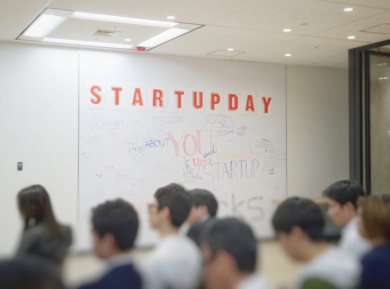 A classroom of people with a white board that says Startup Day for pitches