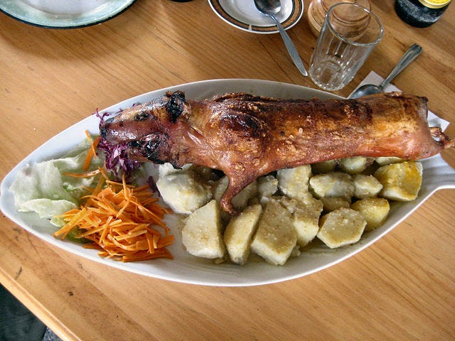 A dish of cuy or guinea pig in Ecuador