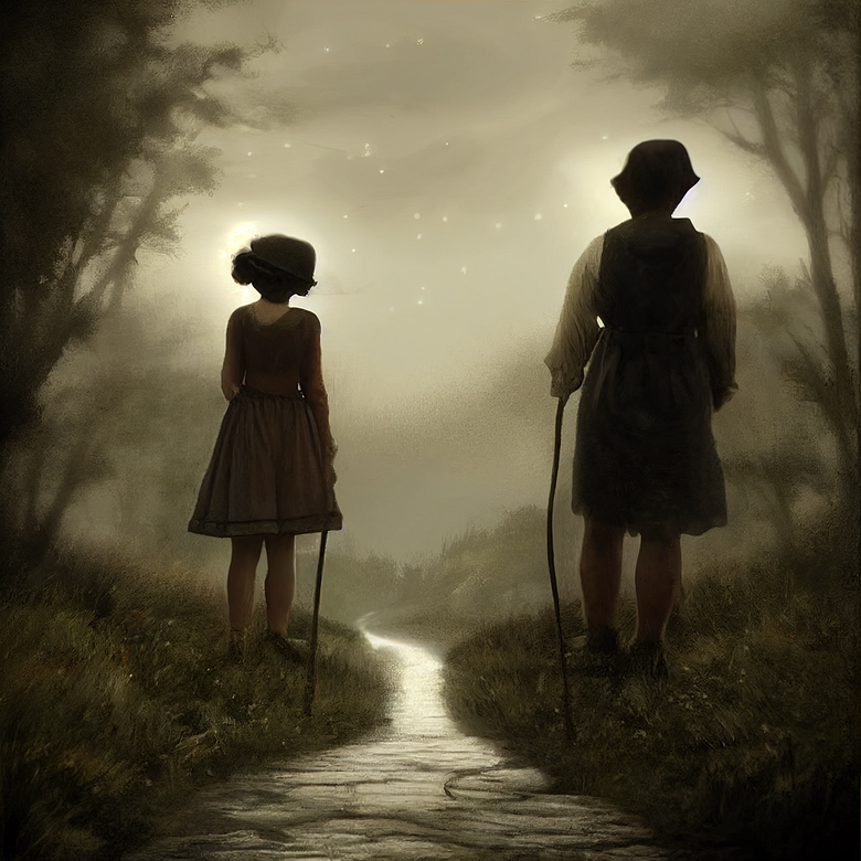 Jack and Jill walking down a dark scary path