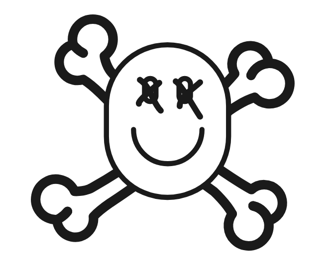 A drawing of a skull and cross bones, smiling with x’s on its eyes