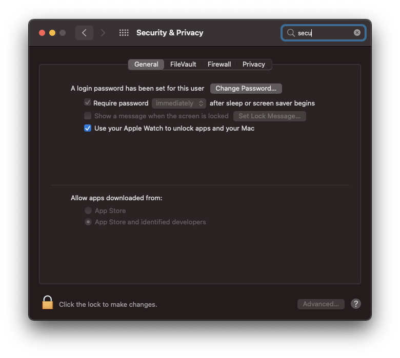 MacOS Privacy and Security settings window, showing the “Use your Apple Watch to unlock your Mac” option checked.