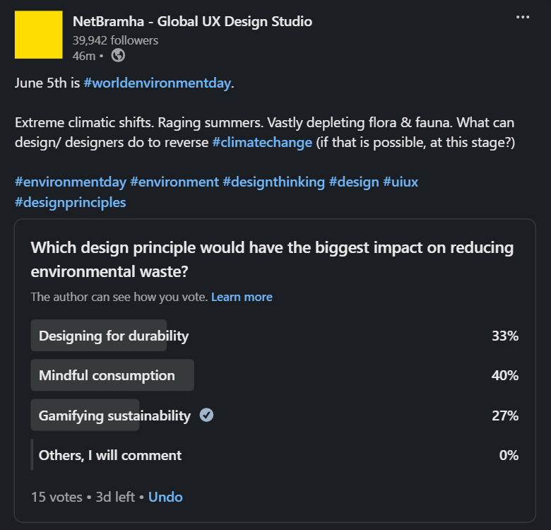 Screenshot of a poll on LinkedIn asking which design principles have the biggest impact on reducing environmental waste.