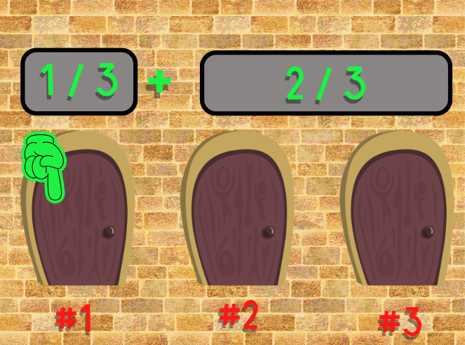 Three cartoon doors with two goats and a race car hiding behind them showing odds of 1/3 + 2/3 for the three doors