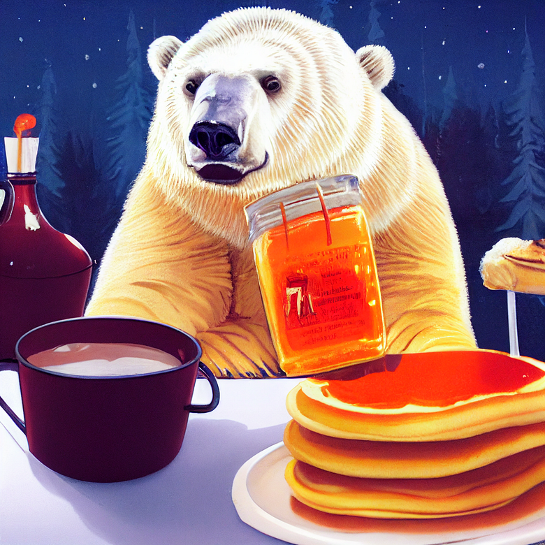 A polar bear eating maple syrup and pancakes