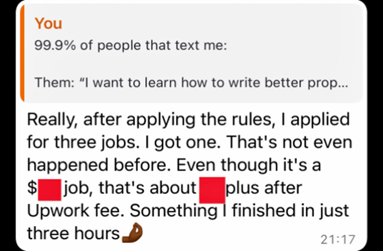 Image shows positive review from a freelancer who used the 6-step proposal-writing framework to land their first job on Upwork.