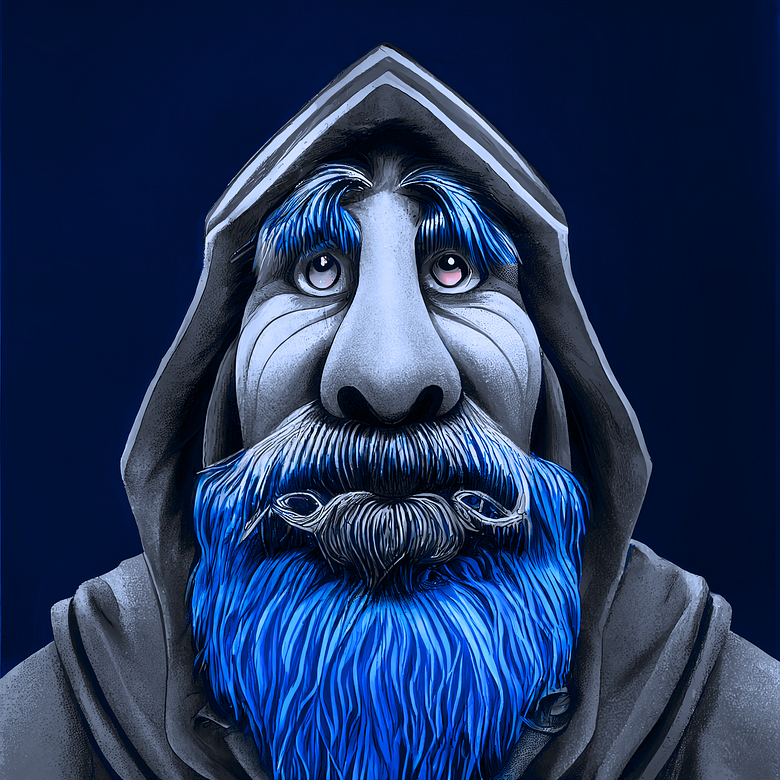 A digital rendering of a cartoonish blue guard