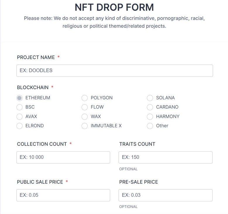 NFT drops form to submit your NFTproject.
