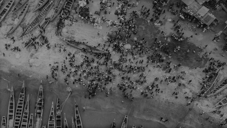 Aerial drone photo of artisanal fishing port of Koukoude in the prefecture of Boffa, Guinea