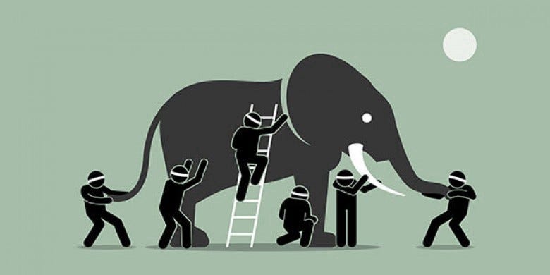 Artistic illustration of an elephant and six men. The men are blindfolded, and each is touching a different part of the elephant.