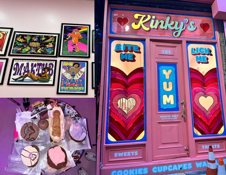 A picture of Kinky’s Dessert Bar’s door, wall decor, and some of there desserts