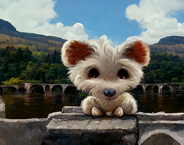 A cute fluffy white dog sitting on the wall of a stone bridge