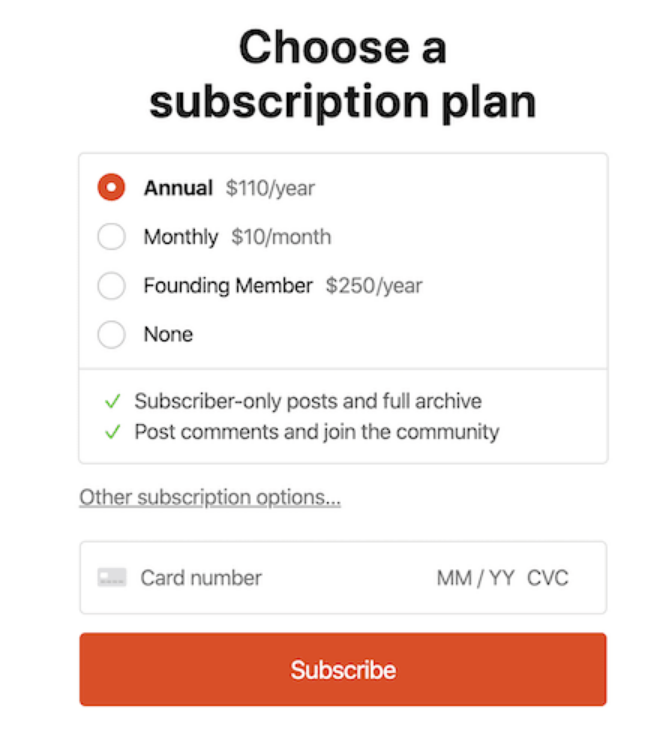 Choosing a subscription plan screenshot on Substack