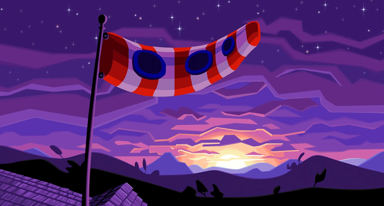 Red, white, and blue cone-shaped flag with three circles on it waving in front of a sun rise. From Day of the Tentacle.