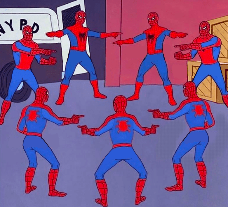 The image depicts seven animated Spidermans pointing at each other, symbolizing the confusion of multiple redundant indexes in a database, each blaming the other for the poor performance.