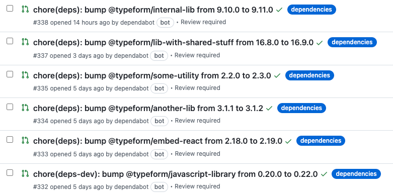 List of 6 pull requests on Github from Dependabot
