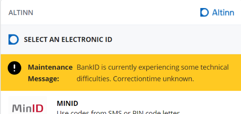 screen shot showing a “technical difficulties” BankID failure screen