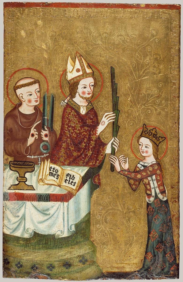 Medieval painting of a Bishop and a priest giving a palm to Saint Clare.