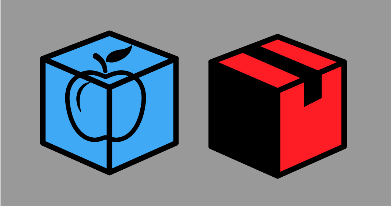 Two boxes side-by-side on a field of gray. The left box is blue and appears to be transparent, and contains an apple. The right box is red, and appears to be sealed.
