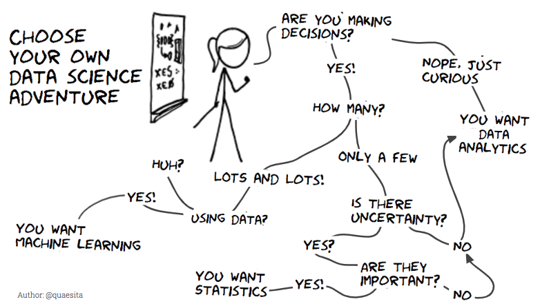 An xkcd-style cartoon showing a complex decision tree for using data science
