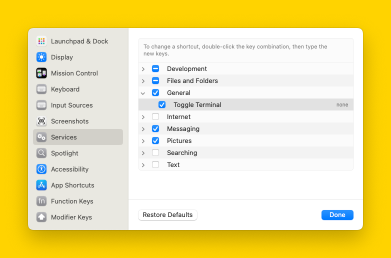 The keyboard shortcuts screen, under Services, then General