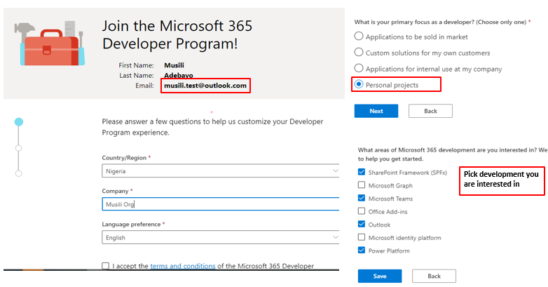 This is a rectangle box where I have a checkbox to select my preferences for building my Microsoft 365 Developer program