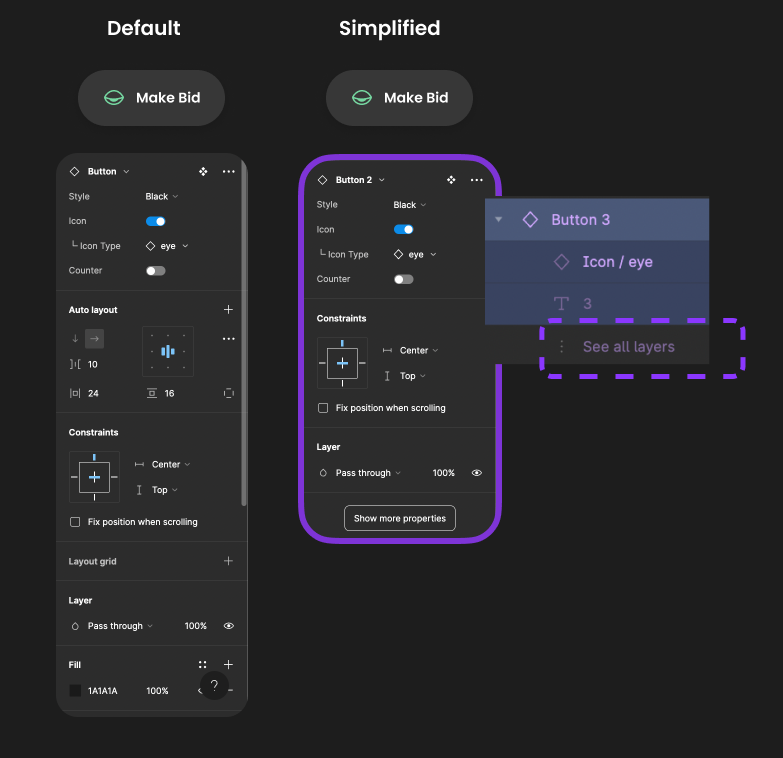 Figma UI showing what happens when you click simplify Instance on a component