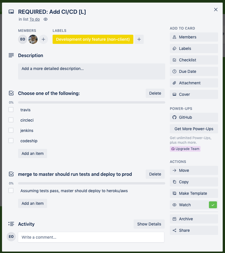 Card from the Greenbook project Trello board, showing the task ‘add CI/CD’