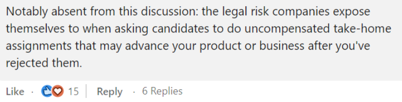 Screenshot of a linkedin comment. The author point out the possible legal consequences for businesses asking spec work without compensation.