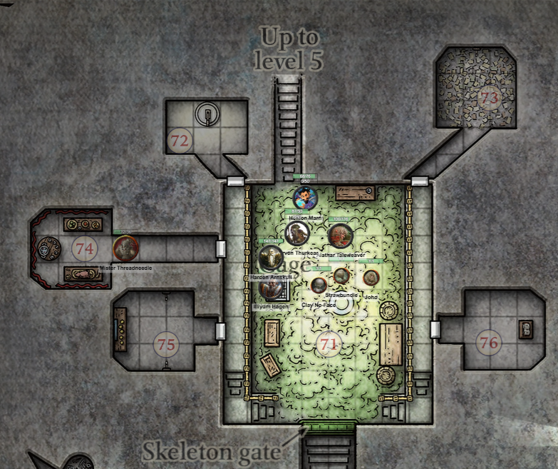 The adventurers enter a room filled with green smoke.