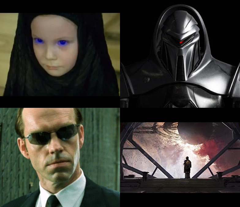 Four faces; clockwise from top right: Cylon, human gazing into the deep void of space, Mr. Smith, Alia Atreides