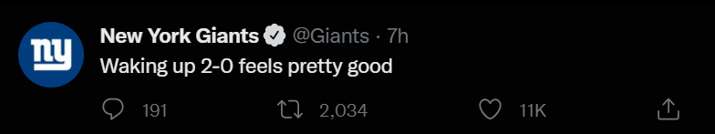 Tweet from the Giants’ account: “Waking up 2–0 feels pretty good”