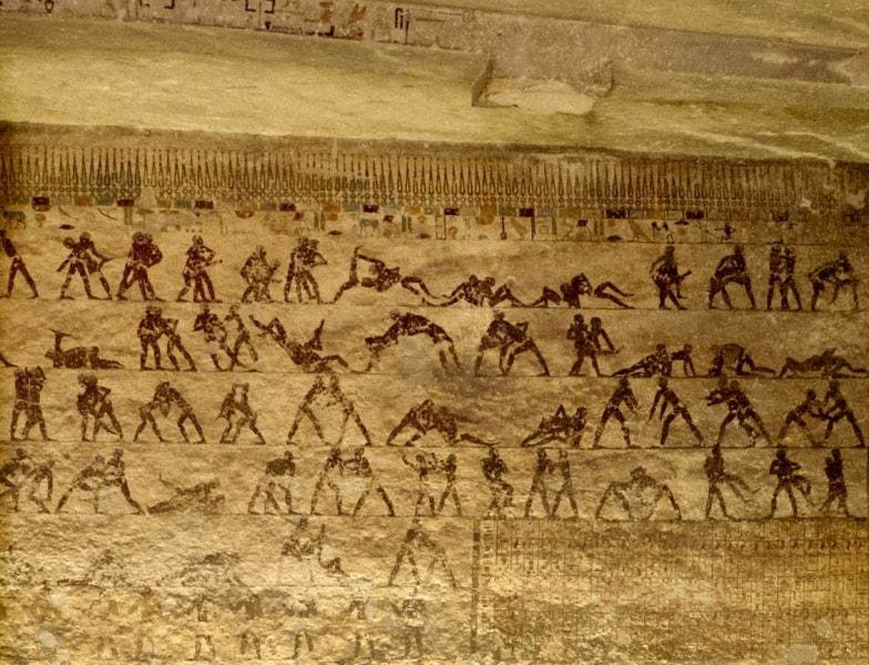 Fresco from tomb in Beni Hasan, Egypt, depicts wrestling techniques from 2000 BCE.