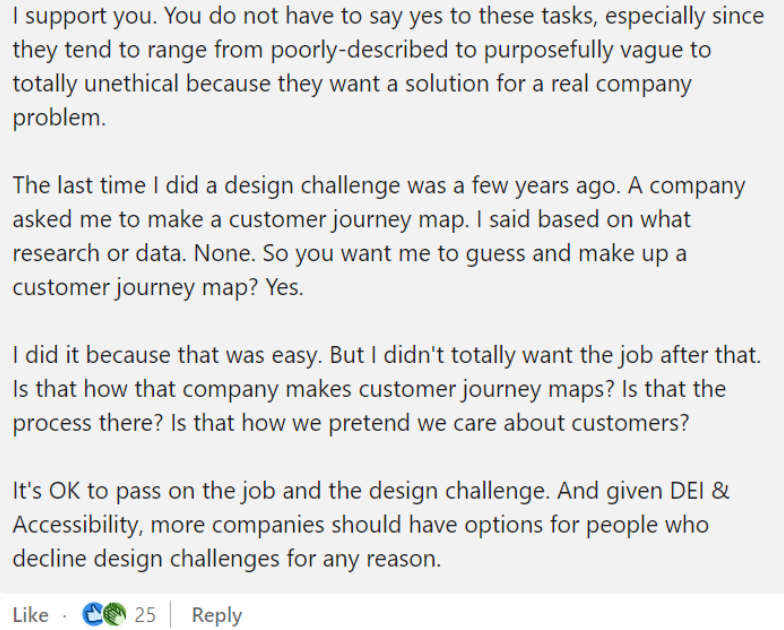 A likedin comment that complain about a company that asked for a design challenge, a user journey, without providing data forcing the UX Designer to invent things. The author then wonder “is this how they work in the company?” by guessing rather than by using data to devise solutions?