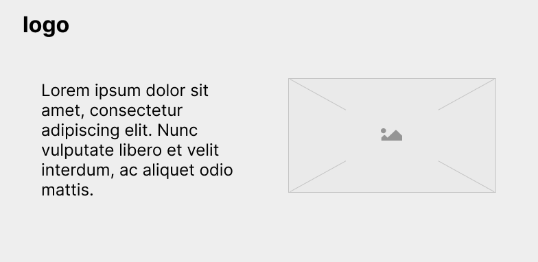 Um layout em escala de cinza com uma logo alinhada no topo superior esquerdo com um texto em lorem ipsum e uma imagem no meio da página, texto alinhado na esquerda e imagem na direita.