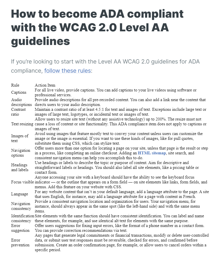 Black and white screenshot of WCAG 2.0 guidelines for ADA compliance.