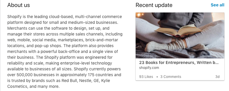 Screenshot of Shopify LinkedIn Company Page