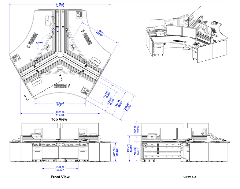 A collection of technical drawings of the control consoles Sustema designed for Bombardier’s Customer Response Center.