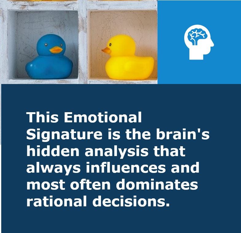 A square with two rubber ducks, a graphic of a head, and a caption that reads: This Emotional Signature is the brain’s hidden analysis that always influences and most often dominates rational decisions.