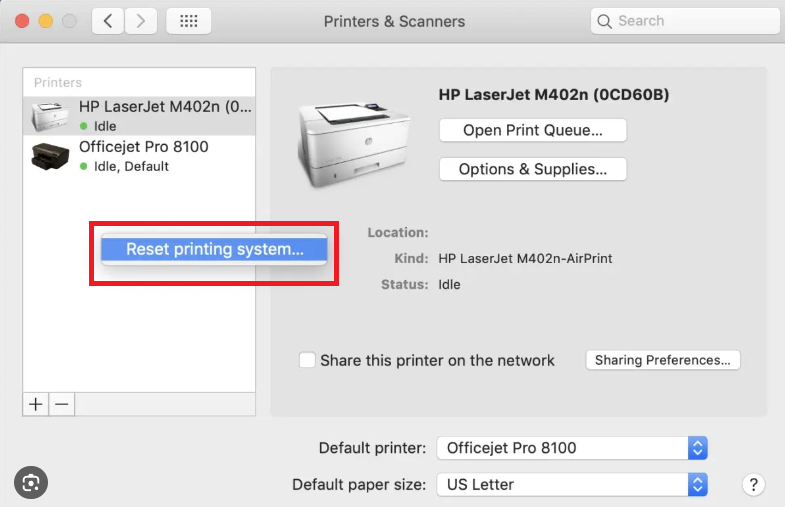 reset printing system option for mac